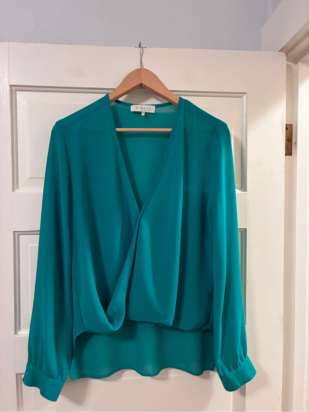Wayf Teal Draped Wrap Blouse V-Neck Long Sleeve Size Medium